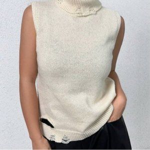 S090 Cream White "Destroyed" Style Sleeveless Turtleneck Sweater Siz XL NEW NWOT
